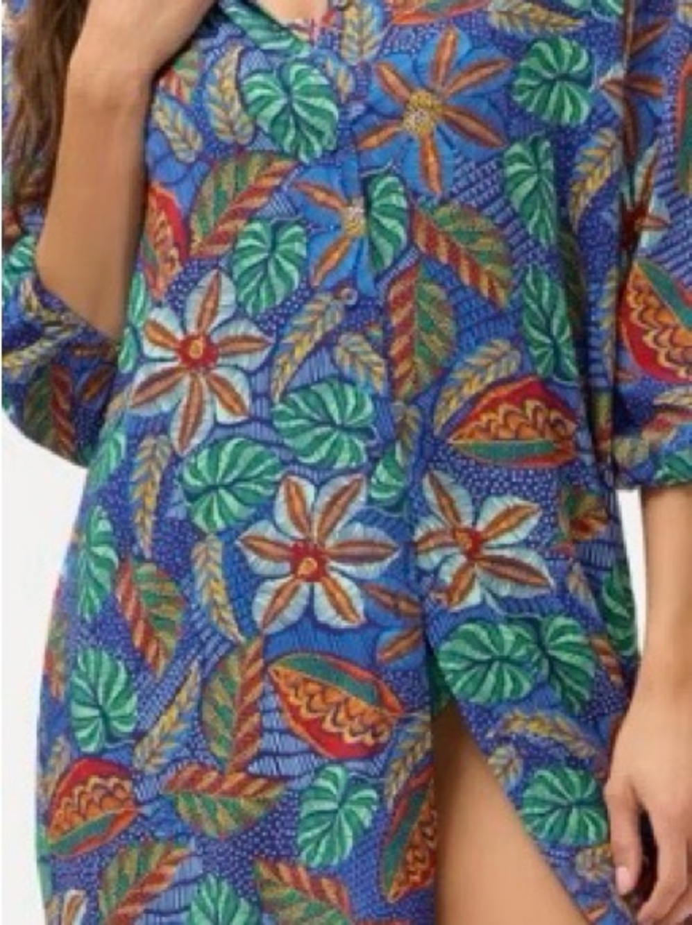 Johnny Was Vibrant Blue Tropical Floral Button-Up Dress